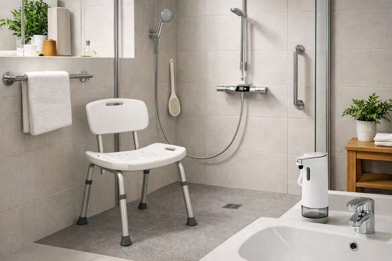Hygiene im Alltag: Duschhocker und Haltegriff erhöhen die Sicherheit im Badezimmer