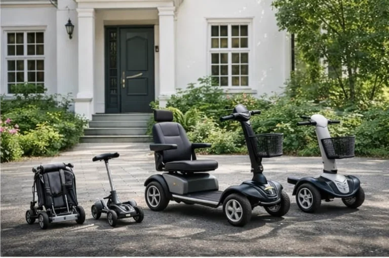 3- und 4-rädrige Mobilitätshilfen vor dem Haus: kompakte, teils klappbare Modelle für kurze Wege und Alltag